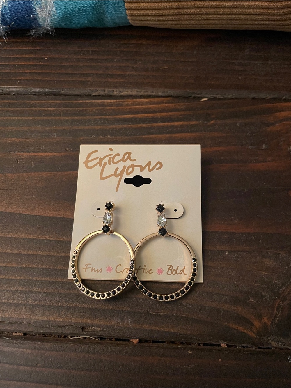 Erica Lyons Gold Hoop Earrings with Black and Clear Crystals D04 6698